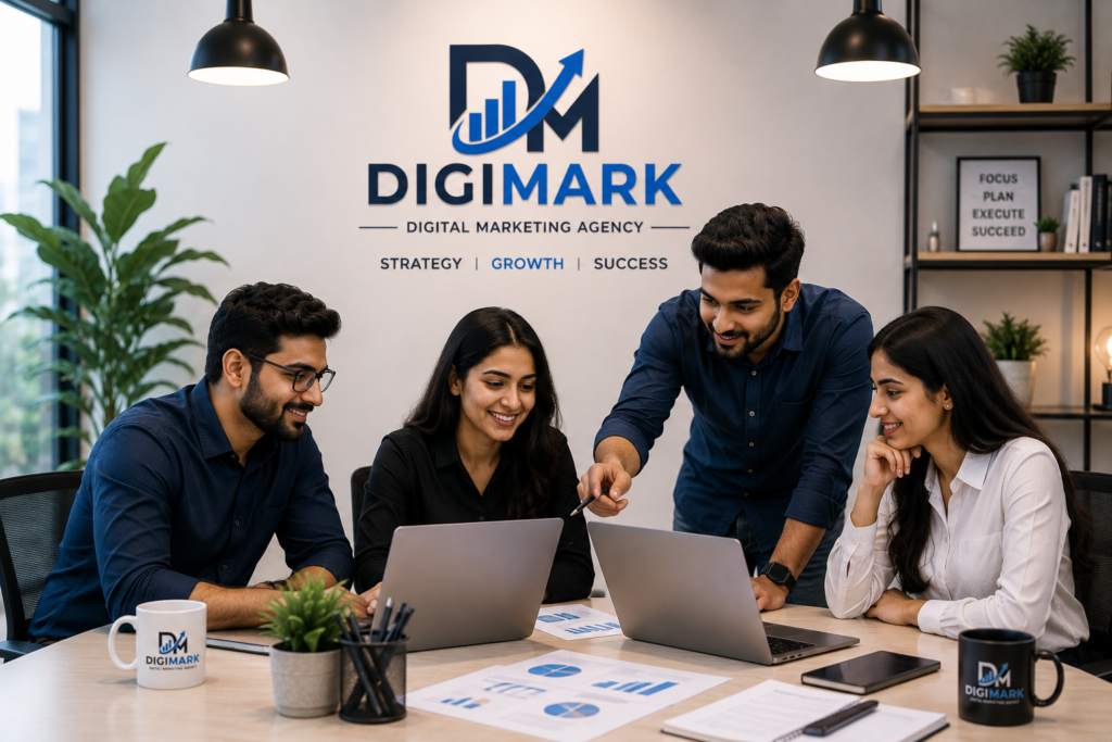 Digital marketing agency team collaborating in a modern office with the Digimark logo displayed on the wall and marketing analytics on laptops.