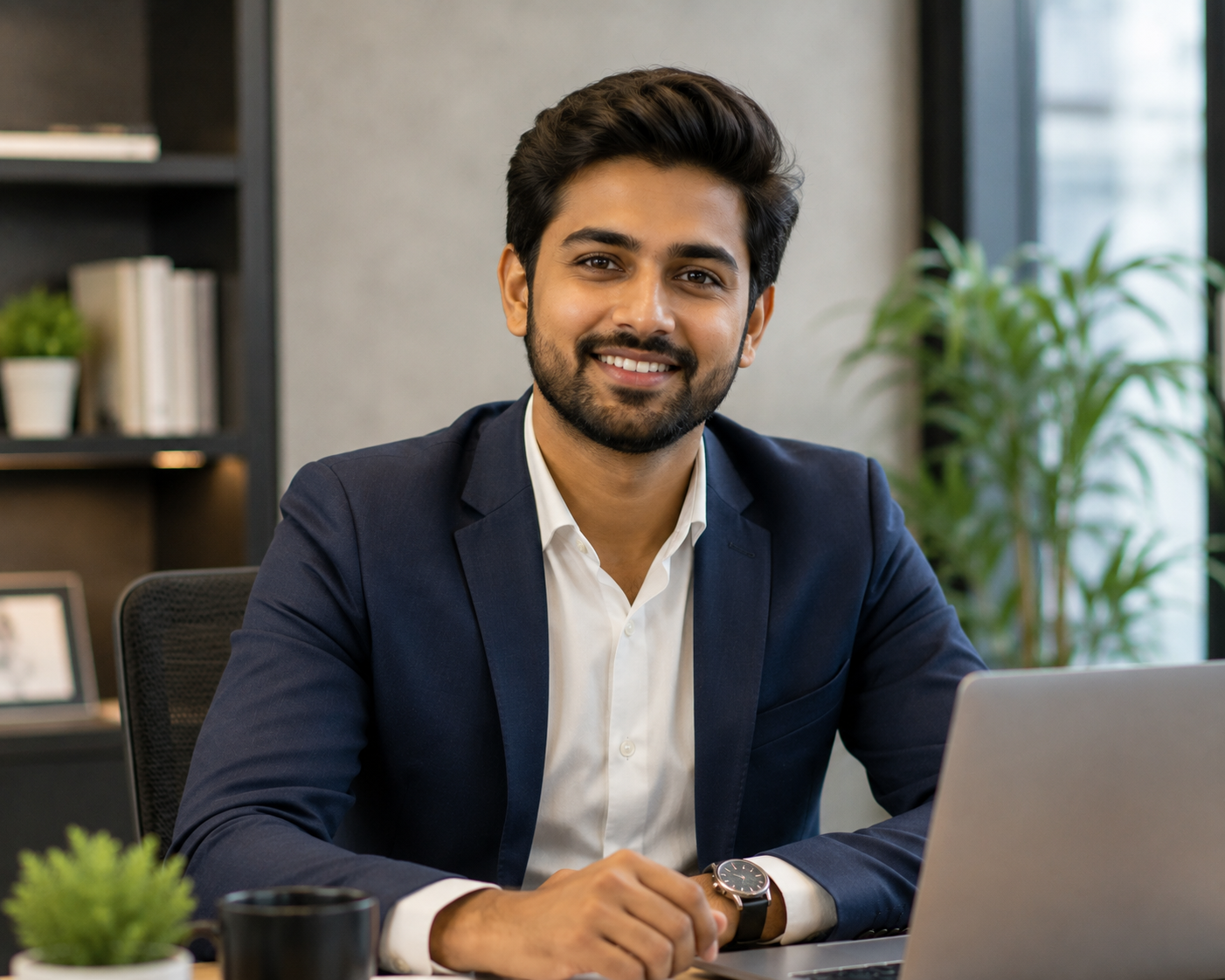 Professional male client smiling at the camera while sitting at a modern office desk with a laptop, wearing a navy blazer and white shirt.