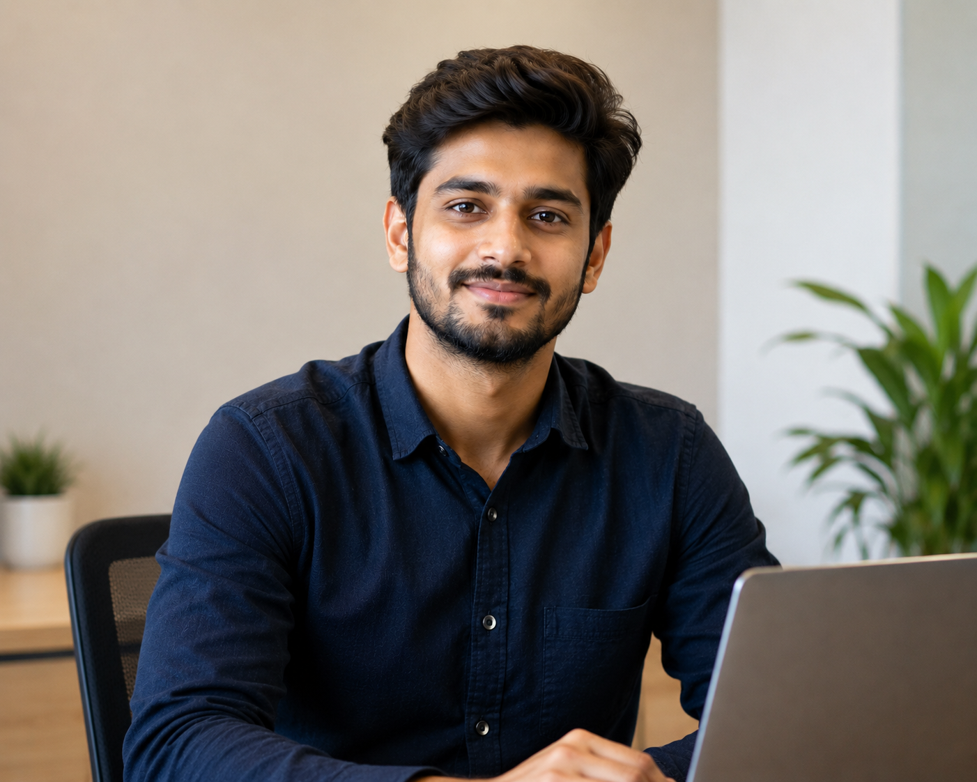 Professional portrait of a male client sitting at a desk with a laptop in a modern office, smiling at the camera.