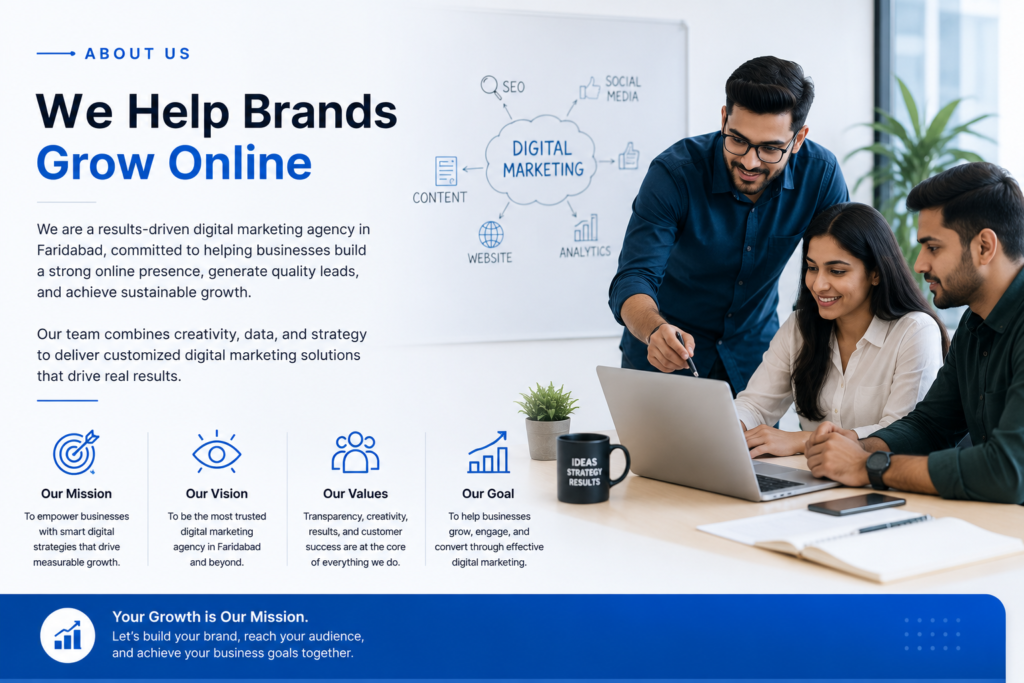 Digital marketing agency team collaborating on online marketing strategies, with SEO, social media, content, website, and analytics concepts displayed in the background.
