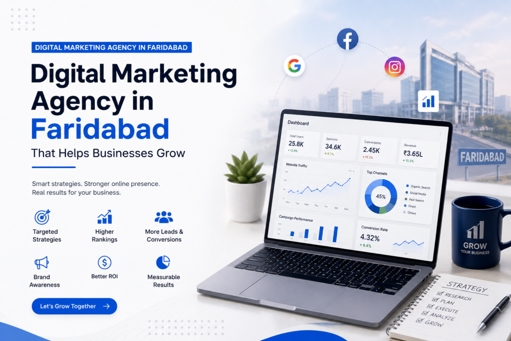 Digital marketing agency in Faridabad website banner showing marketing analytics on a laptop, social media icons, growth charts, and business strategy elements.