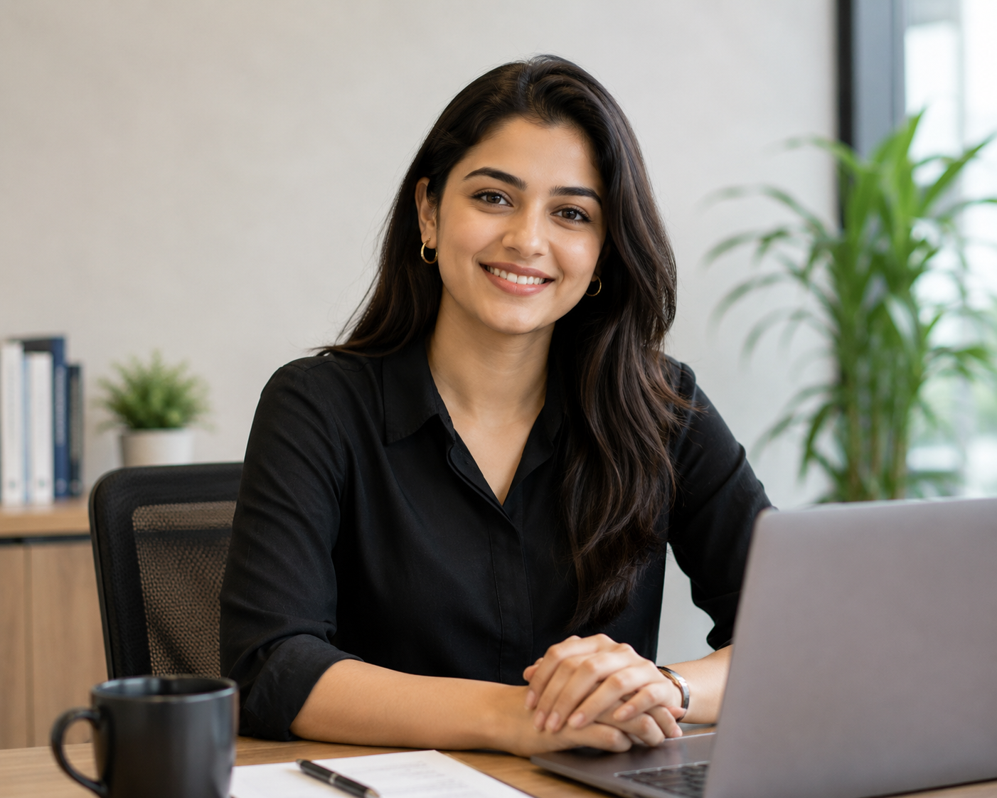 Professional female client smiling at a desk with a laptop in a modern office setting.