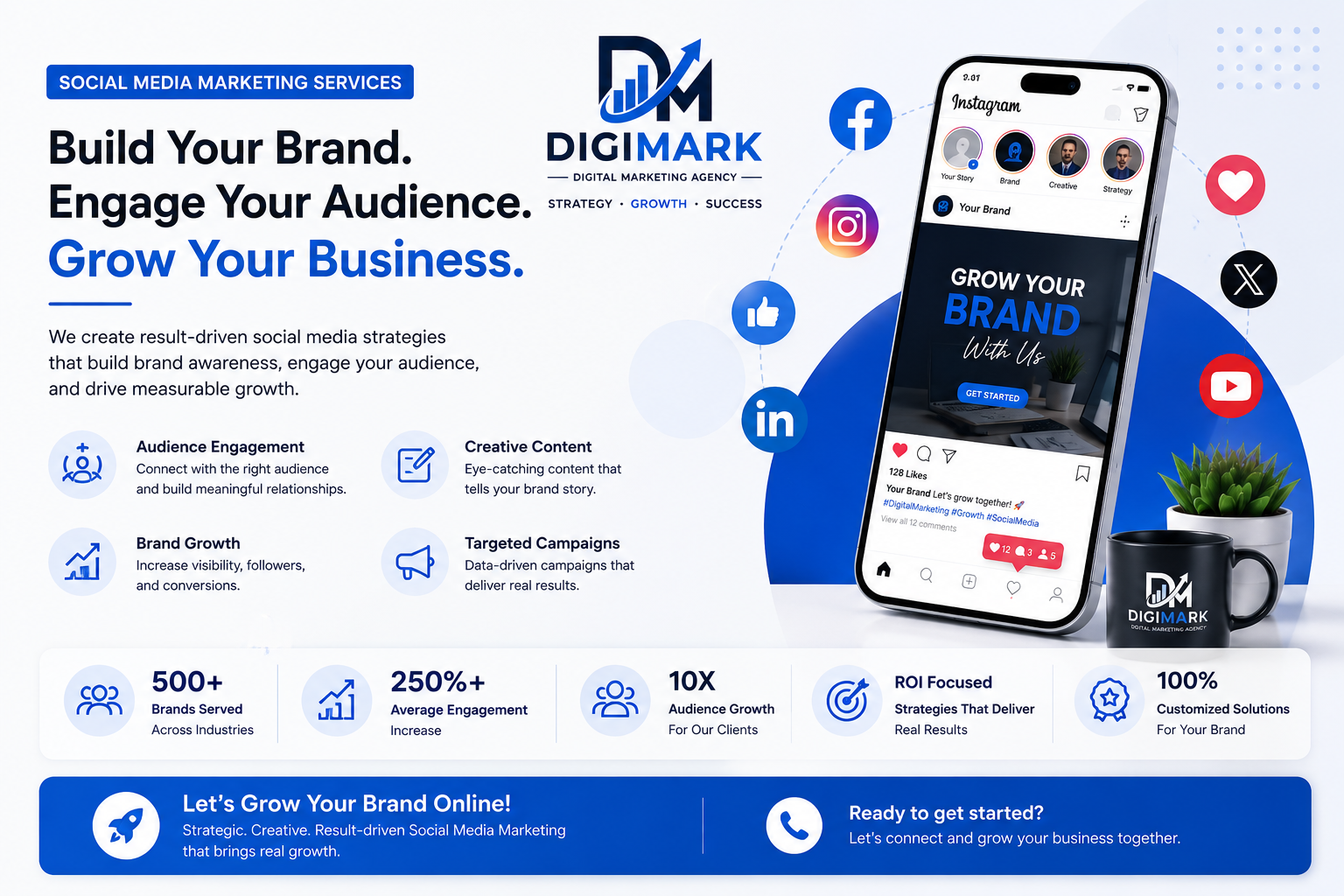 Social media marketing services creative showing a digital marketing agency’s social media strategy, audience engagement, creative content, brand growth, targeted campaigns, and Instagram marketing.